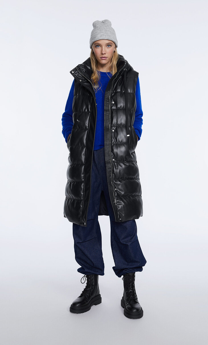 Long faux leather puffer gilet