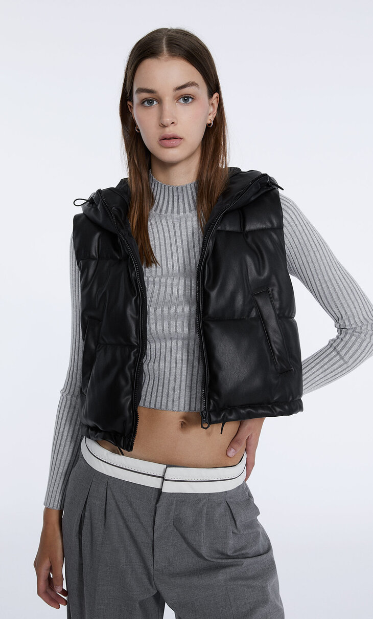 Faux leather short puffer gilet