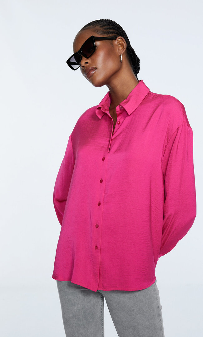 Stradivarius Chemise En Satin Rose Fluo M