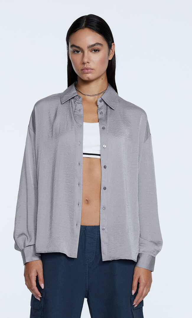 Stradivarius Satinhemd Grau Melange Xl