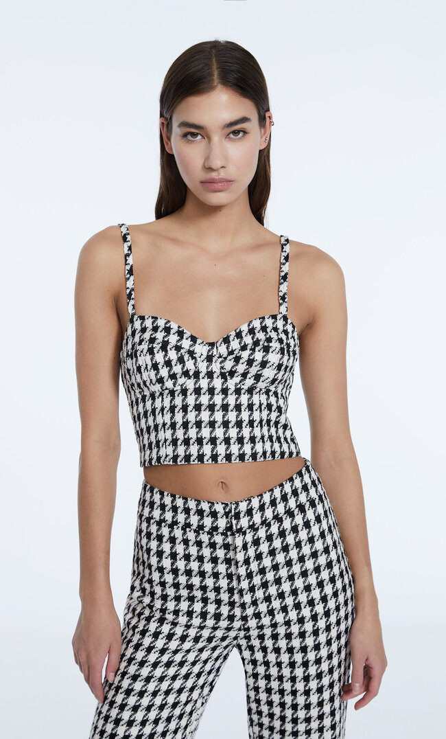 

Stradivarius Corsagen-Top Mit Hahnentrittmuster Schwarz Xl