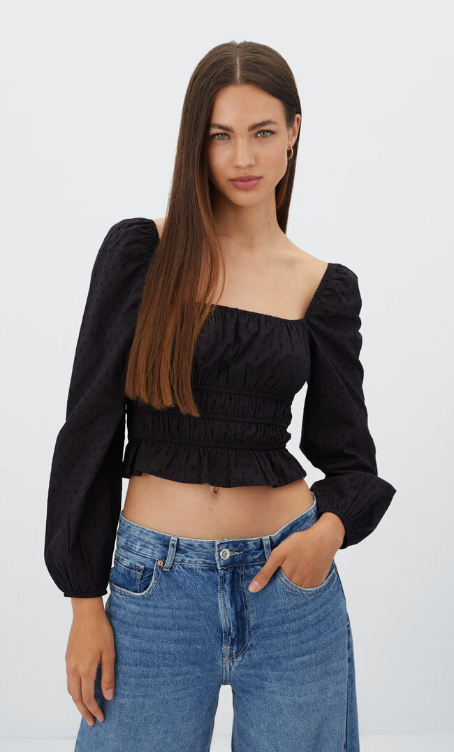 

Stradivarius Bluse Mit Gummizügen Und Tupfenrelief Schwarz Xs