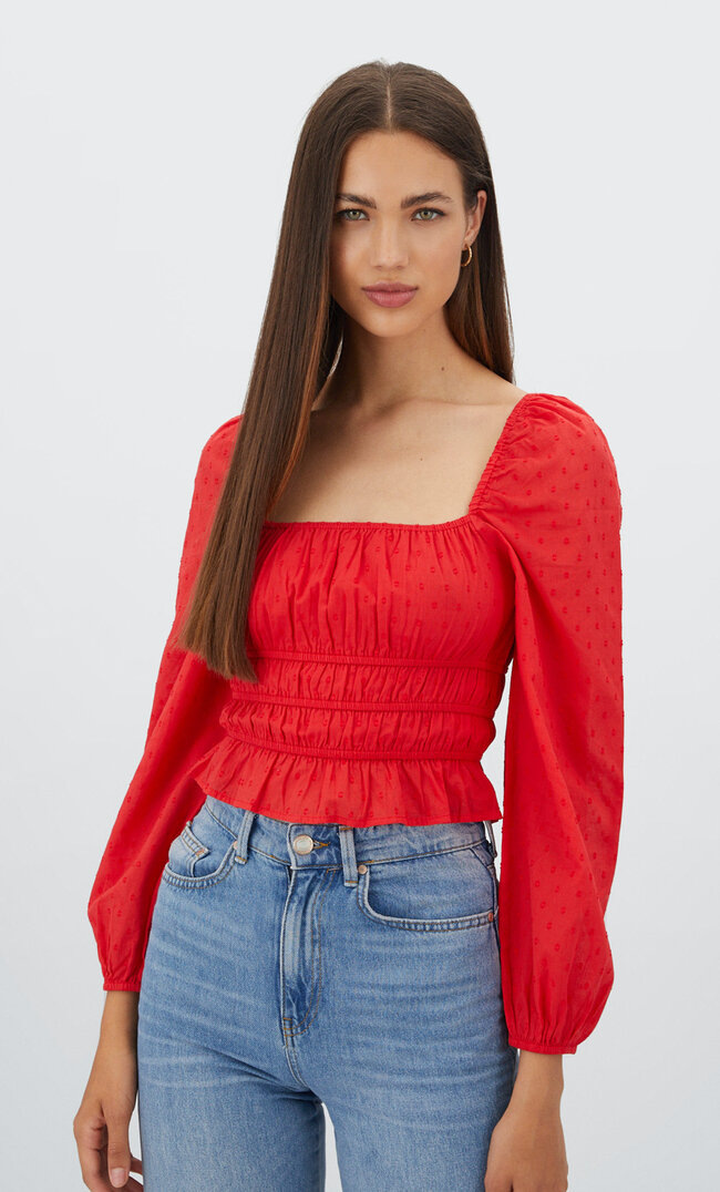 

Stradivarius Chemisier Élastiqué À Pois En Relief Rouge M