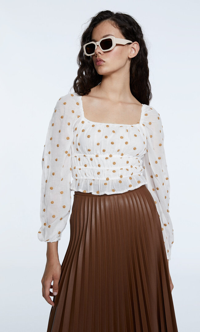 

Stradivarius Chemisier Élastiqué En Coton À Pois Blanc S