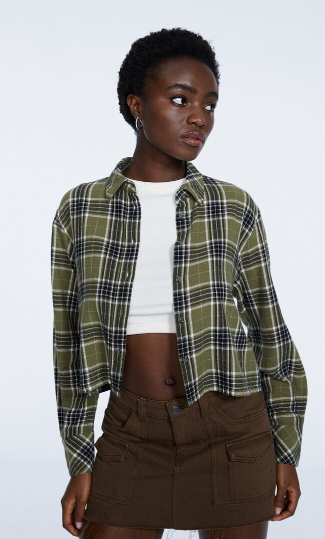 Stradivarius Kurzes Karohemd Khaki M