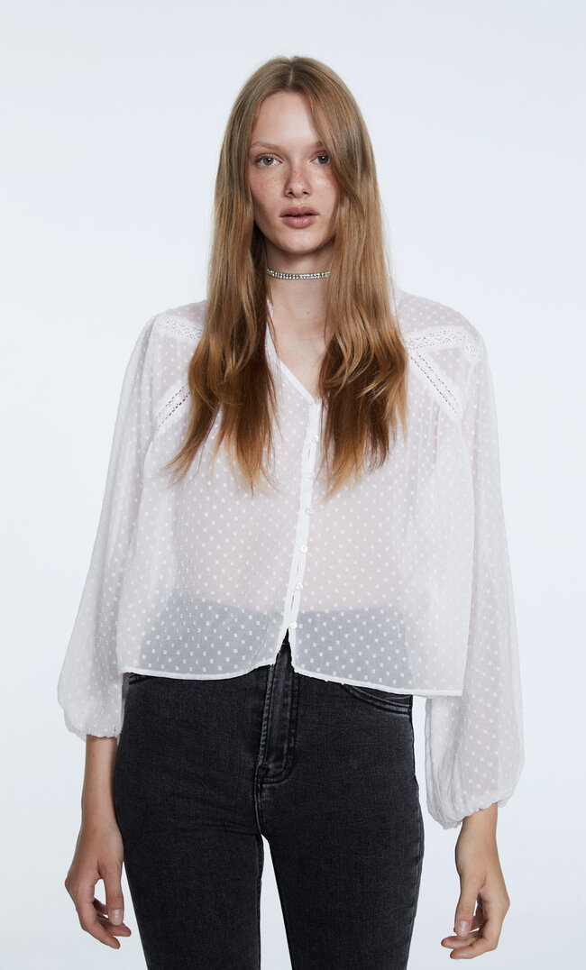 Stradivarius Blouse Boho Tulle En Relief Blanc M