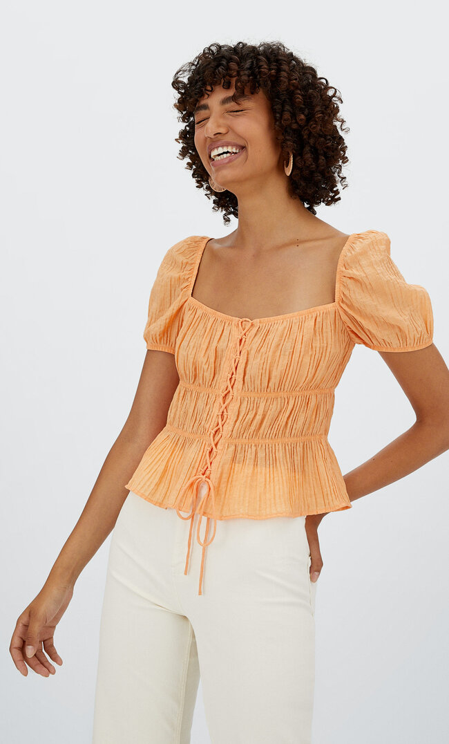 Stradivarius Rustikale Bluse Mit Schleife Pfirsich Xs