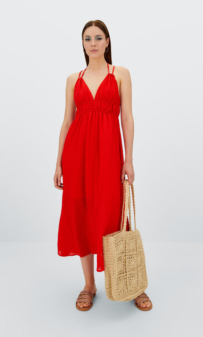 Stradivarius Midikleid Mit V-Ausschnitt Rot M