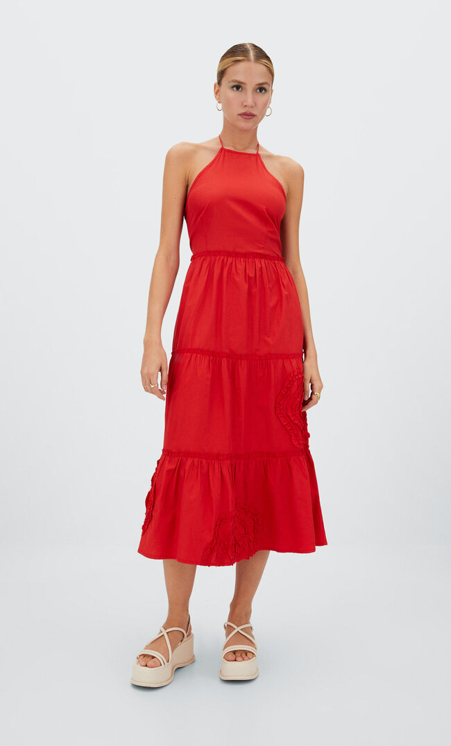Stradivarius Robe Midi Roses Brodées Rouge S