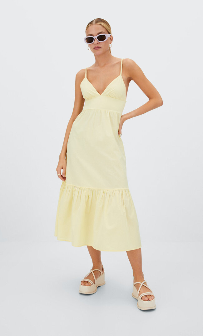 

Stradivarius Robe Midi Décolleté En V Jaune Pastel S