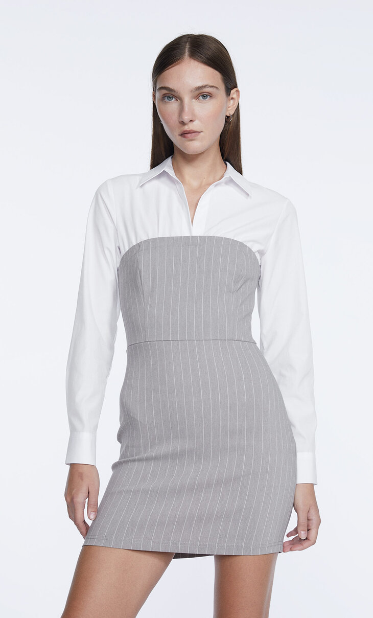Short pinstripe dress in two materials
