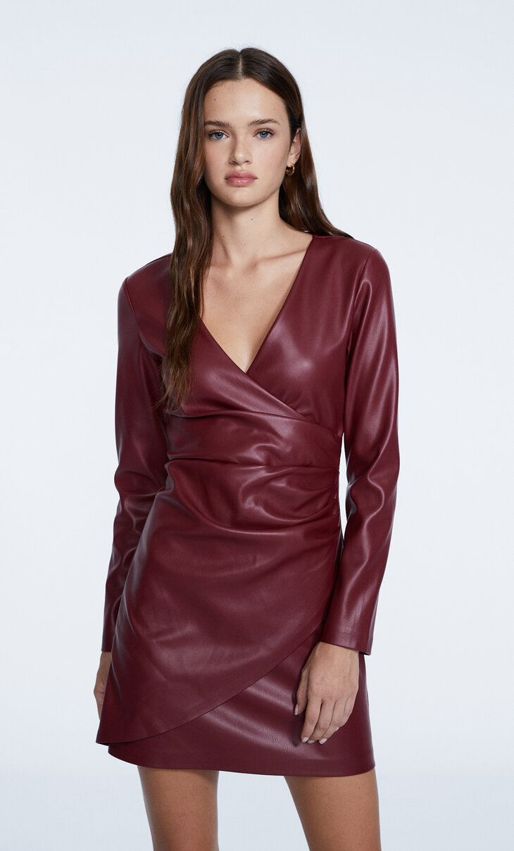 Short faux leather draped dress