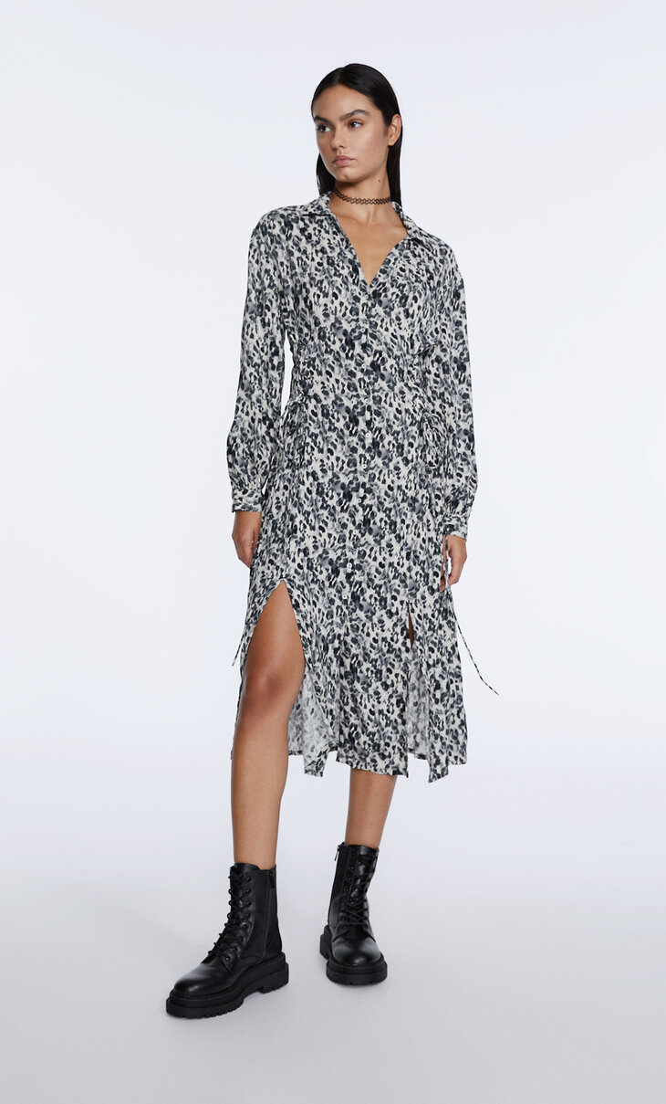 Printed midi dress with lace-up waist