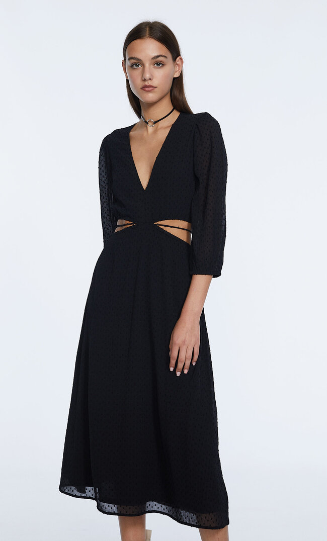 

Stradivarius Robe Midi Maille Pointillée Cut Out Noir L