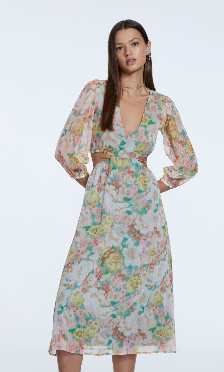 Printed chiffon midi dress with a cut-out
