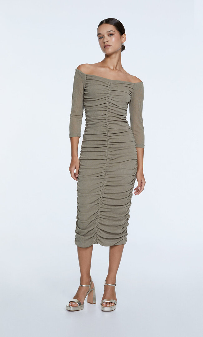 Stradivarius Drapiertes Midikleid Khaki M