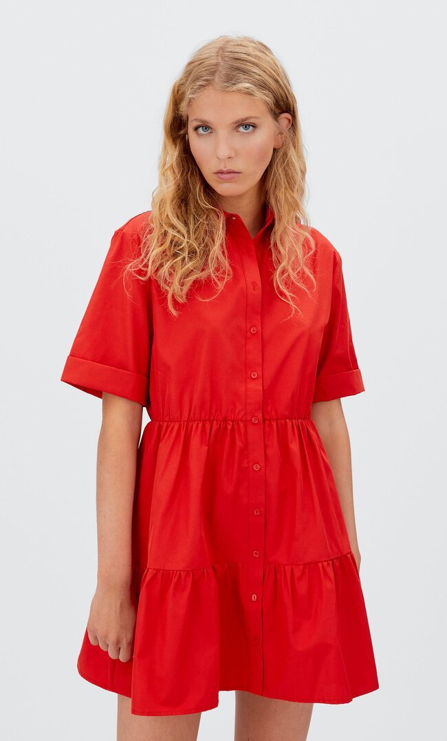

Stradivarius Kurzes Popelin-Kleid Mit Kurzen Ärmeln Rot Xl
