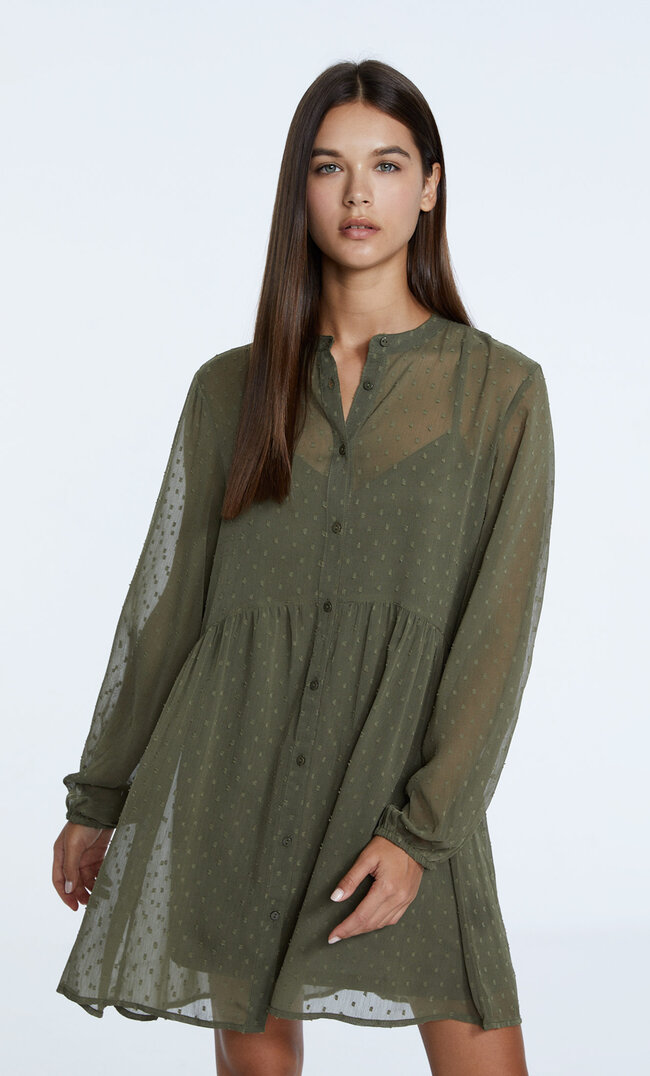 

Stradivarius Kurzes Kleid Mit Maokragen Und Print Khaki M