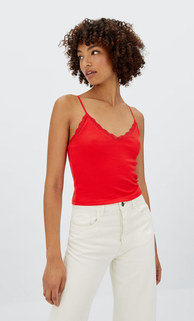 

Stradivarius Cropped-Top Mit Spitze Rot Xl