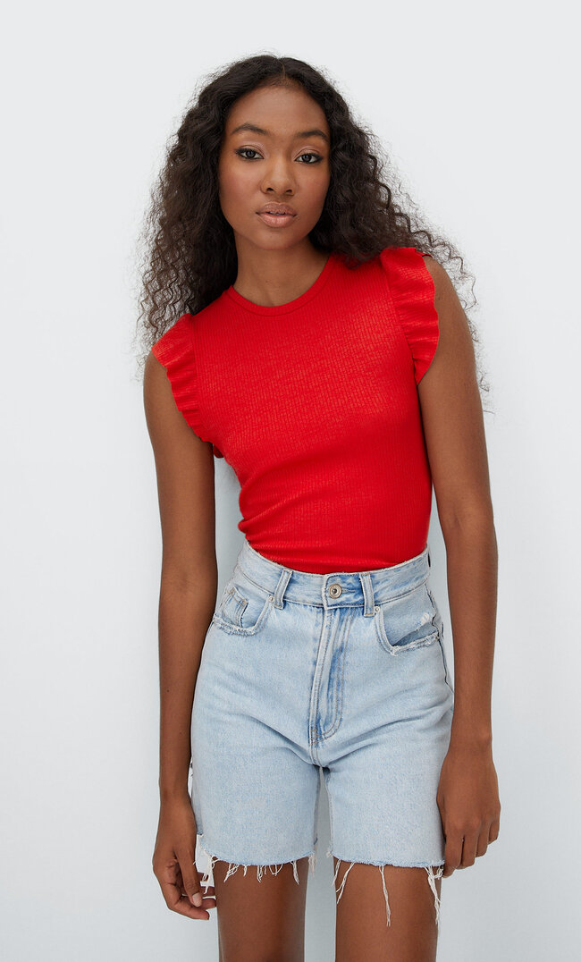 

Stradivarius T-Shirt À Volant Rouge L