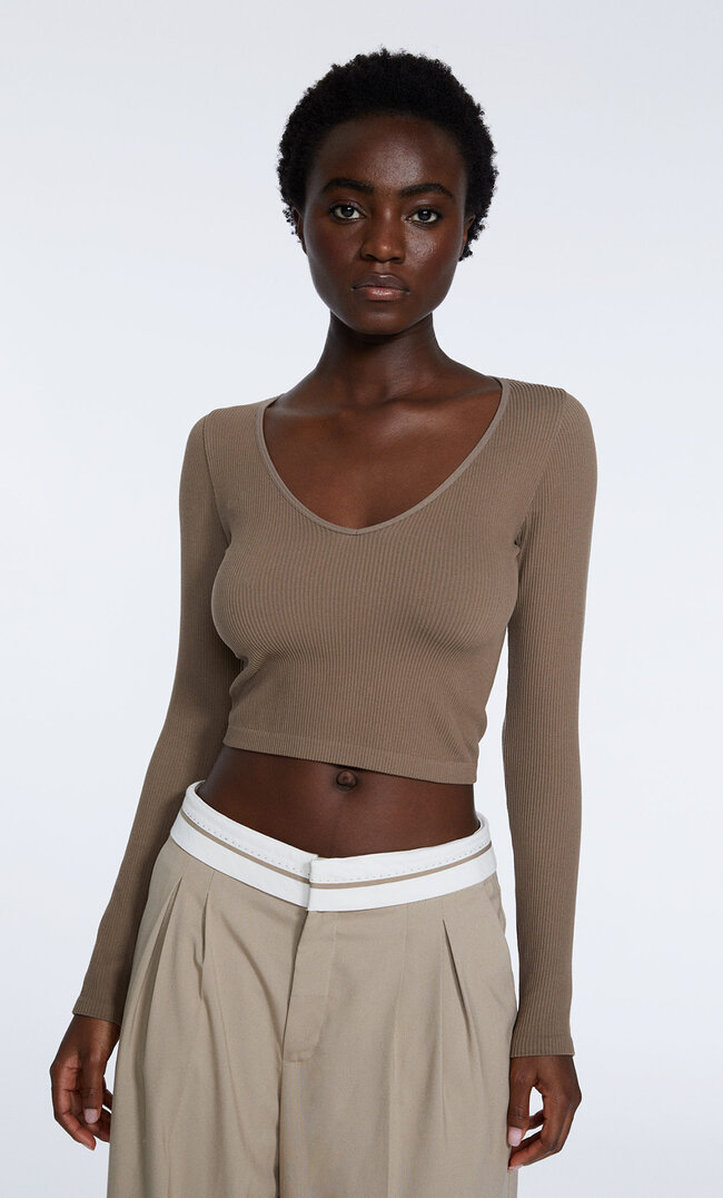 

Stradivarius Top Sans Coutures À Col En V Marron Xs