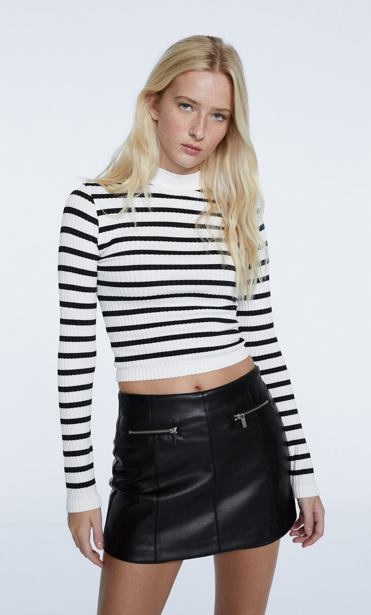 Seamless textured striped mock neck top