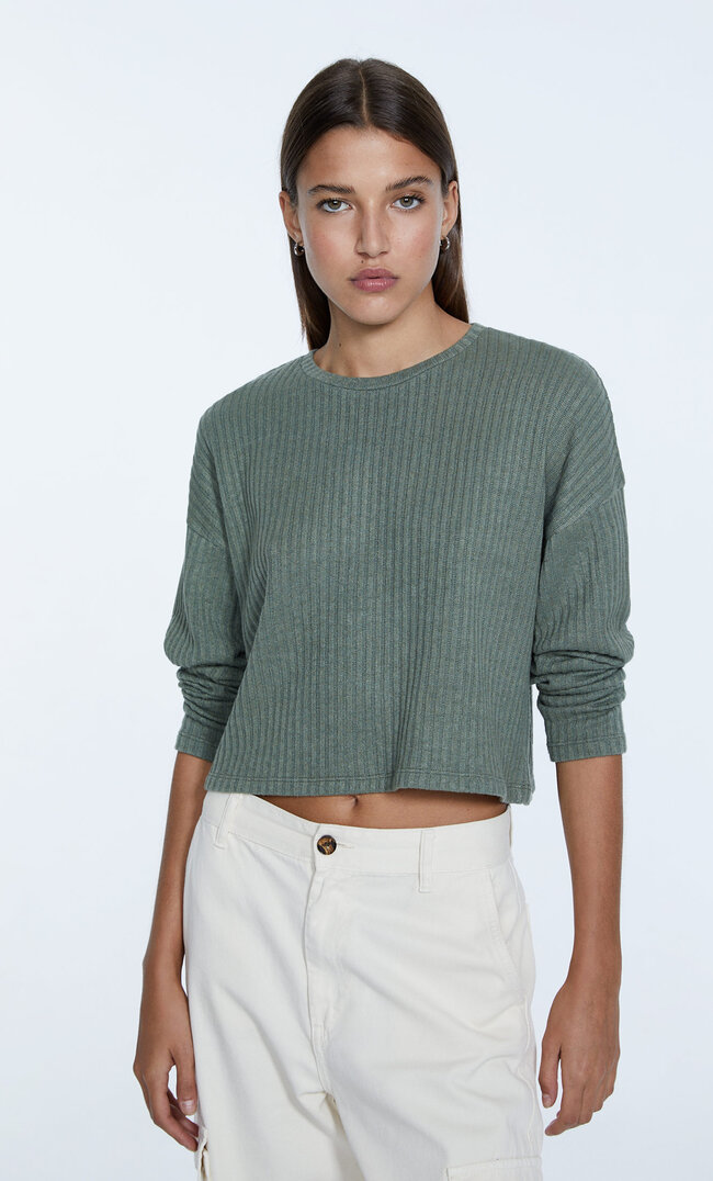 

Stradivarius Aufgerautes Basic-Cropped-Top Mit Rundhalskragen Khaki S