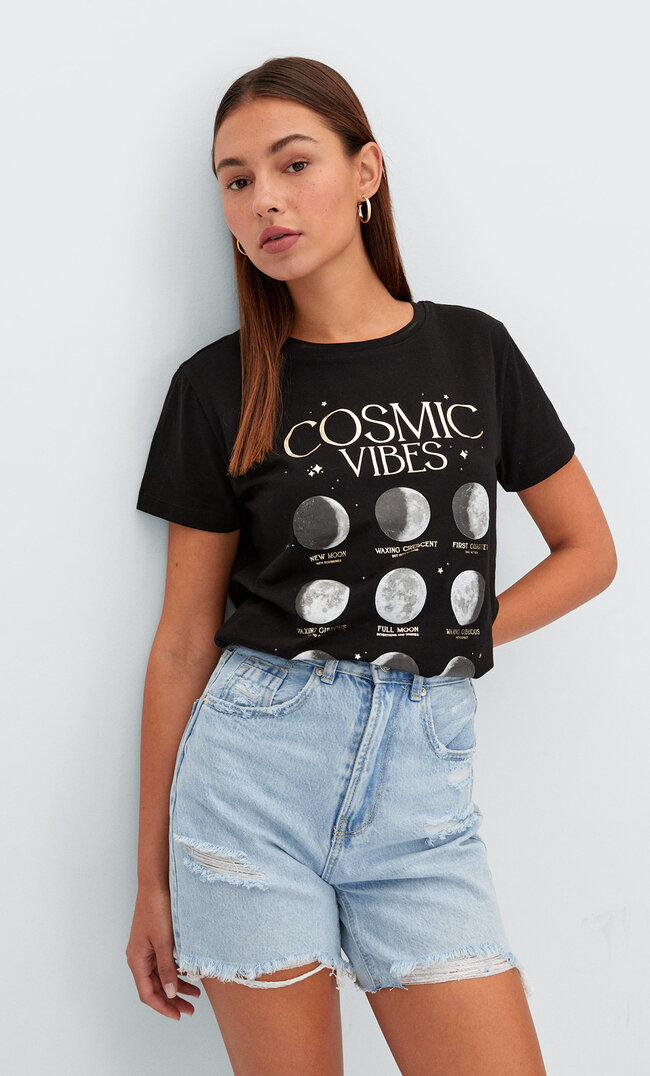 

Stradivarius T-Shirt Imprimé Métallisé Noir Xs