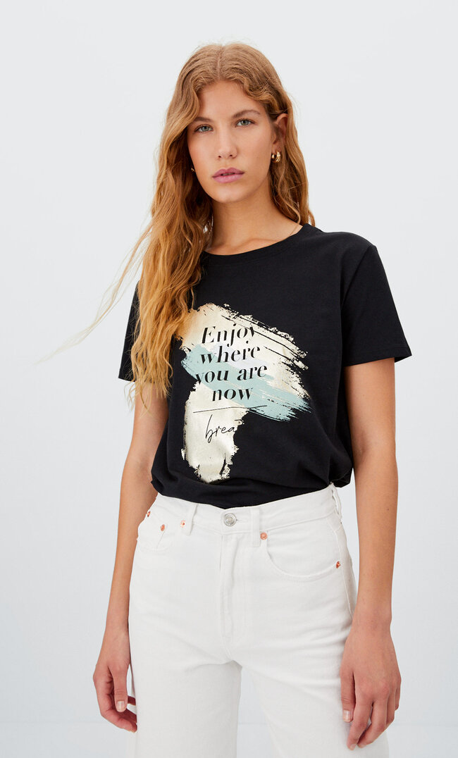 

Stradivarius T-Shirt Imprimé Métallisé Noir Xs