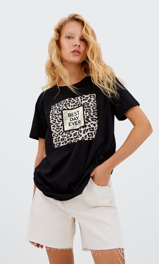 Stradivarius Shirt Mit Folienprint Schwarz S
