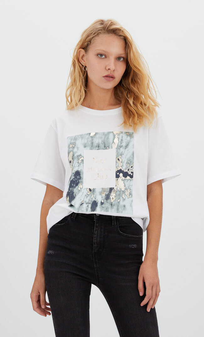 

Stradivarius Shirt Mit Folienprint Weiß L