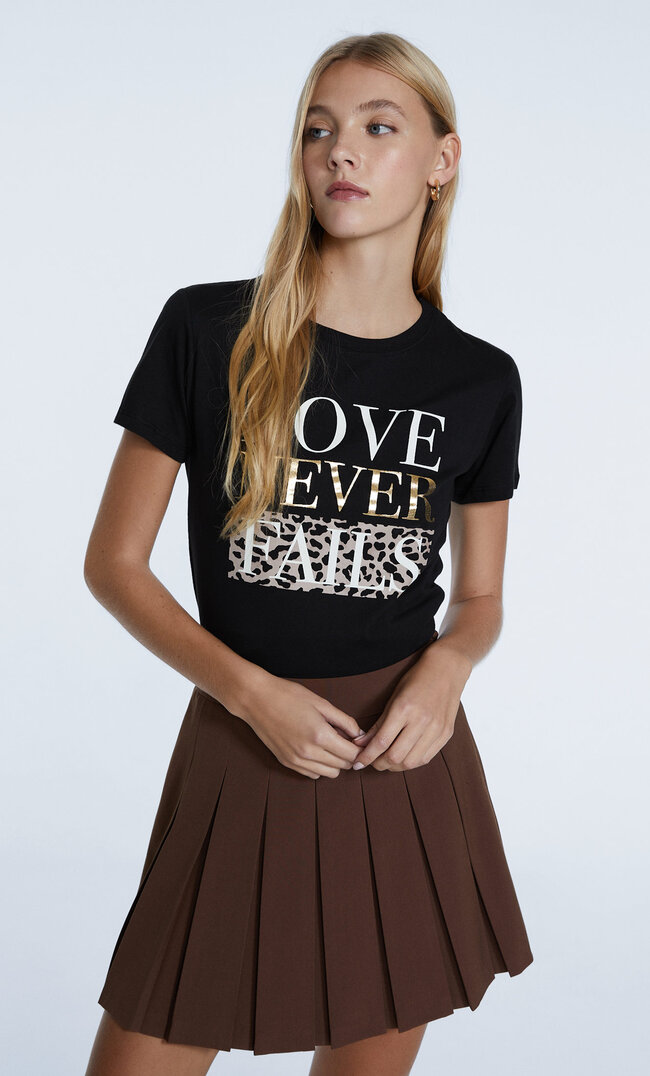 Stradivarius T-Shirt Imprimé Métallisé Noir S
