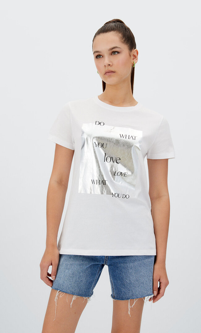 Stradivarius Silberfarbenes Shirt Mit Foliendruck Weiß S