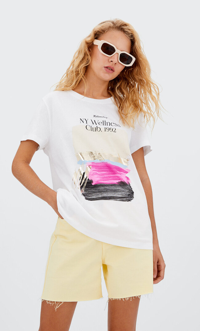 Stradivarius Shirt Mit Folienprint Weiß Xl