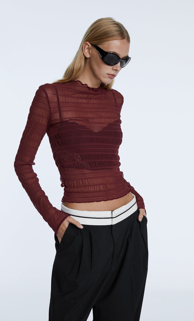 

Stradivarius Tüll-Shirt Mit Gummizug Granatrot Xs