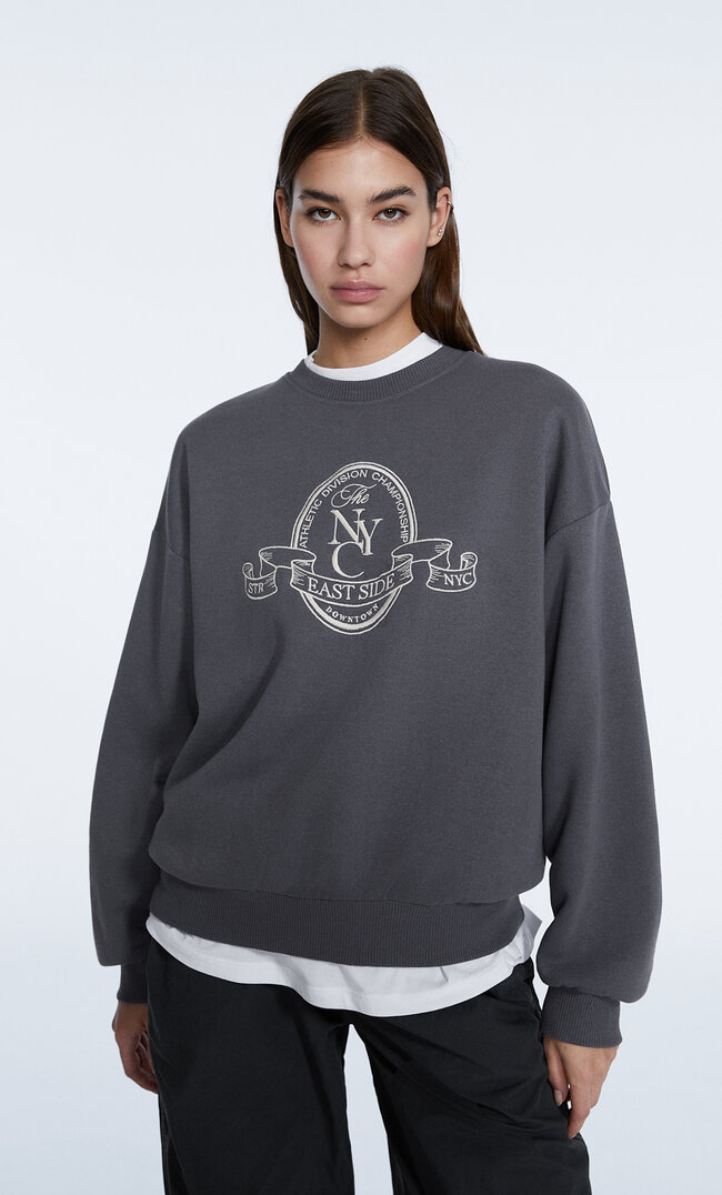 Stradivarius Haftowana Bluza Ciemnoszary Xs