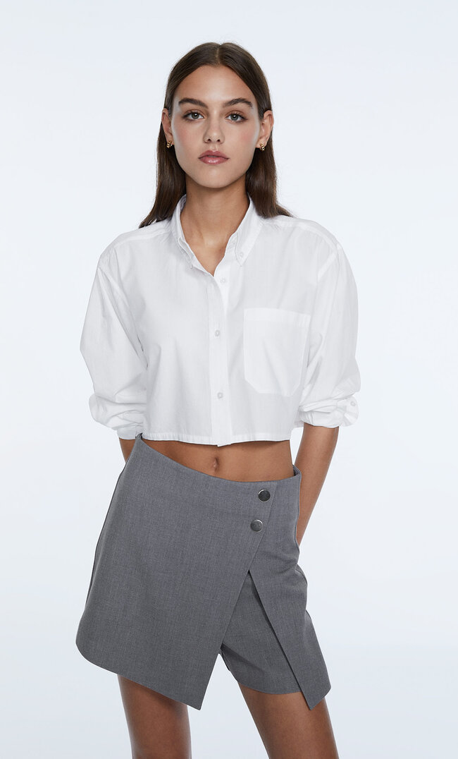 

Stradivarius Cropped-Hemd Aus Popelin Mit Tasche Weiß M