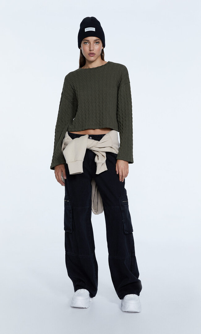 Stradivarius Shirt Mit Zopfmuster Khaki L