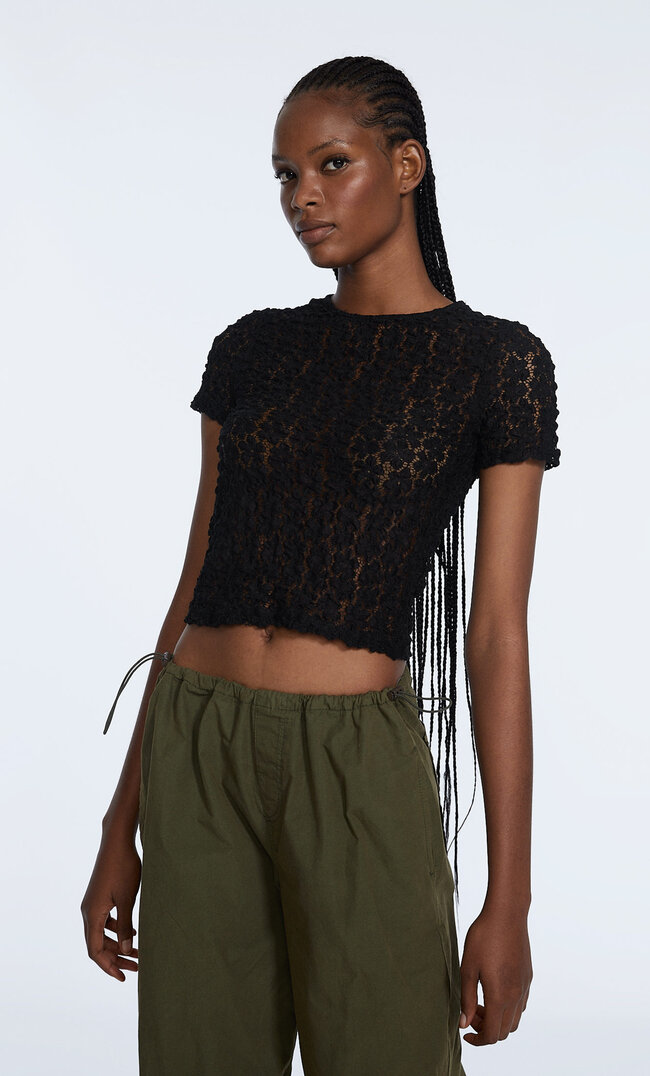Stradivarius T-Shirt En Dentelle Noir Xl