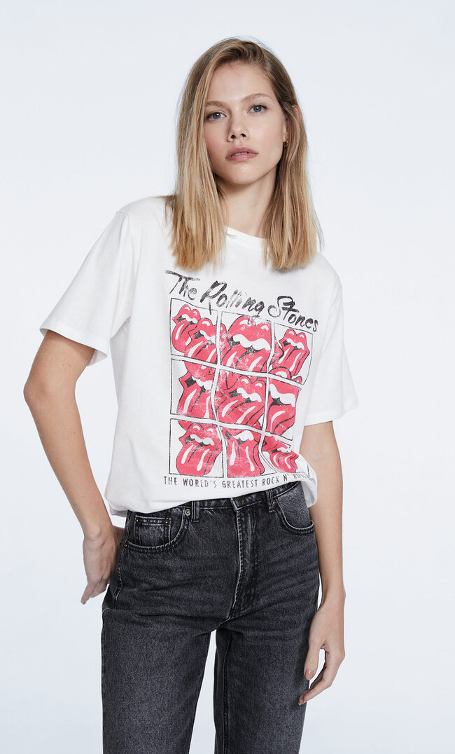 Stradivarius Shirt Rolling Stones Ecru M