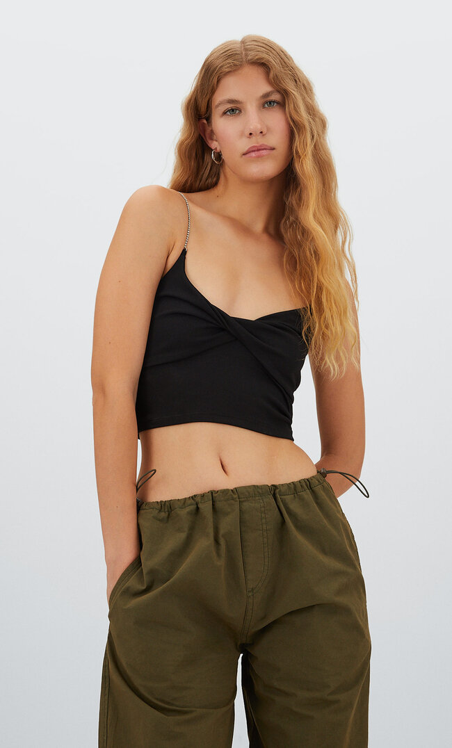 Stradivarius Top À Bretelles Brillant Noir Xs