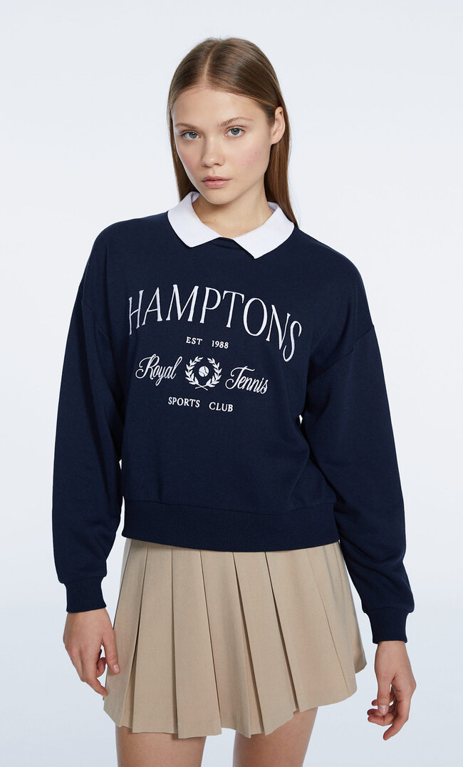 Stradivarius Bluza Z Kołnierzykiem Polo Morski S