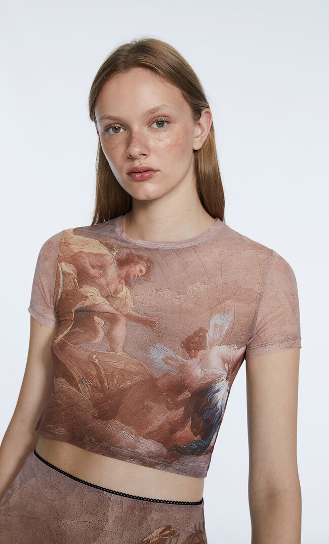 

Stradivarius Tüll-Shirt Mit Art Collection-Lizenz Beige L