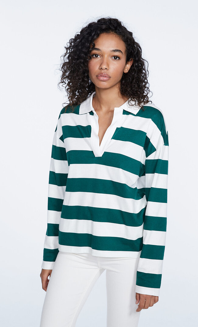 

Stradivarius Koszulka Polo W Paski Butelkowo-Zielony M