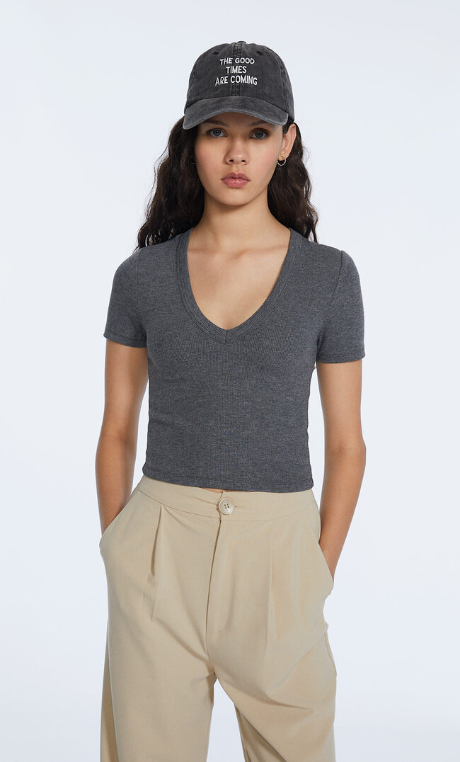 

Stradivarius T-Shirt À Col En V En Maille Côtelée Gris Marengo S