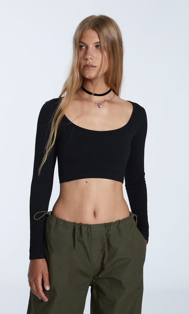 

Stradivarius Krótki Bezszwowy Top Czarny S