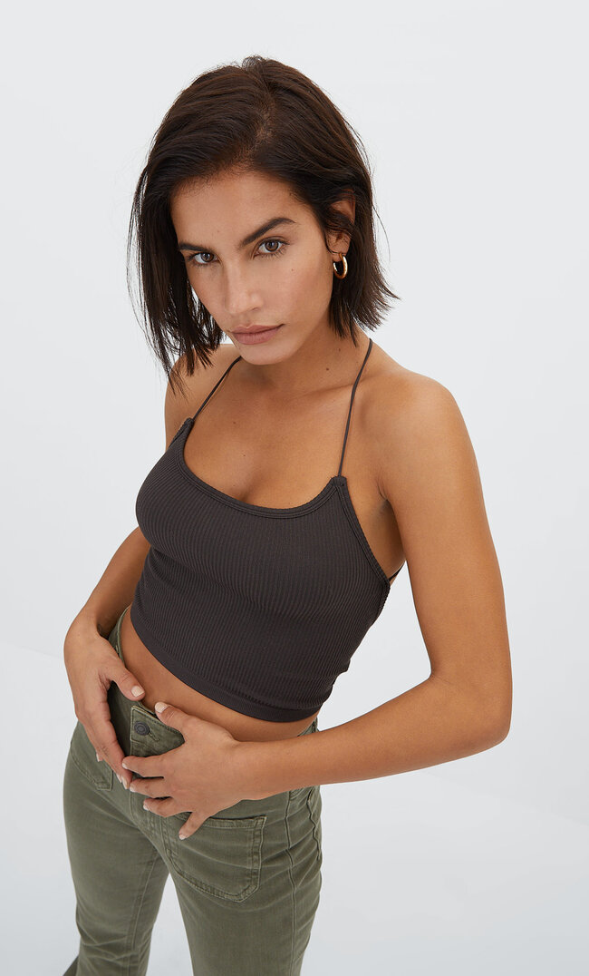 

Stradivarius Haut Sans Coutures Avec Dos Fantaisie Marron L