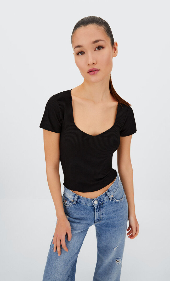Stradivarius Shirt Mit Herzausschnitt Schwarz Xl