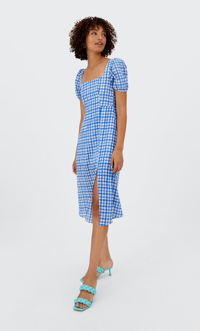 

Stradivarius Robe Midi Carreaux Vichy Bleu Électrique Xs
