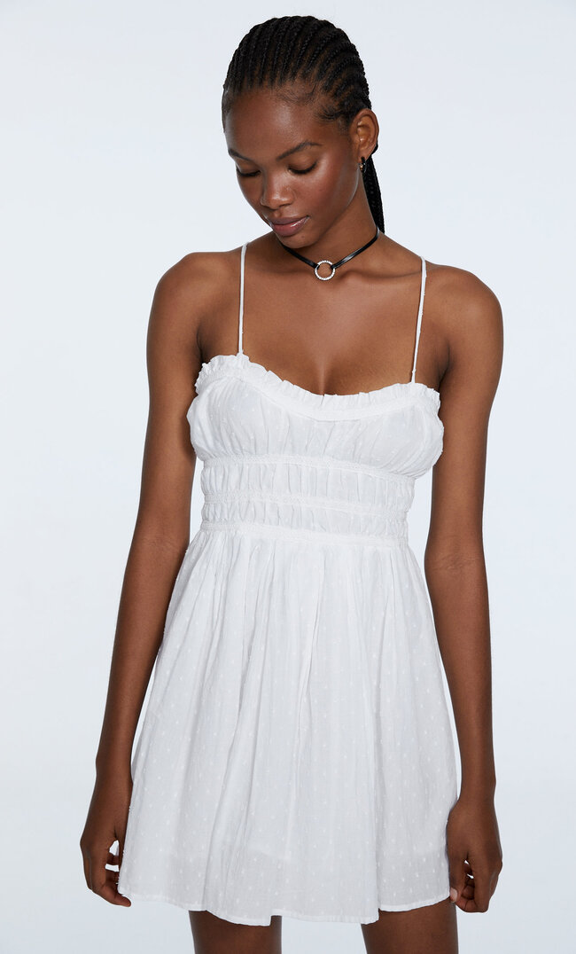 

Stradivarius Robe Brodée À Bretelles Fines Blanc Xl